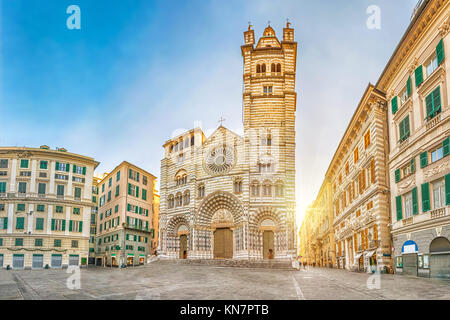 Cathedral of Genoa on sunrise - view from Piazza San Lorenzo square in Genoa, Liguria, Italy Stock Photo