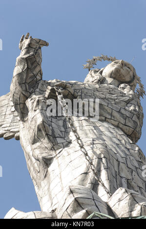 Detail of the huge aluminium covered statue of the Virgin of Quito. The statue is sited on the top of the hill above Quito called El Panecillo. It was Stock Photo