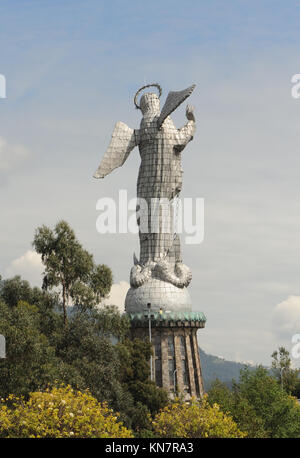 The huge aluminium covered statue of the Virgin of Quito. The statue is sited on the top of the hill above Quito called El Panecillo. It was built in Stock Photo