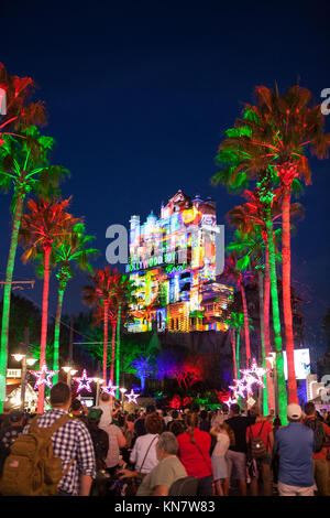 Sunset Season's Greetings, Tower of Terror, Disney's Hollywood Studios, Orlando, Florida Stock Photo