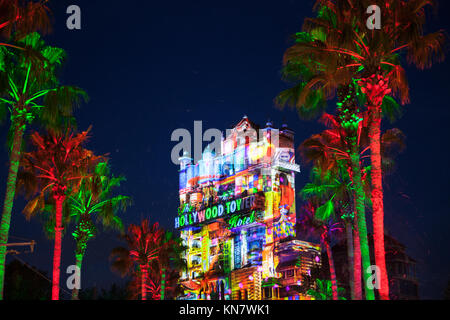 Sunset Season's Greetings, Tower of Terror, Disney's Hollywood Studios, Orlando, Florida Stock Photo