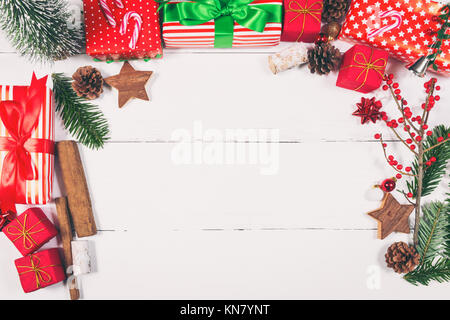 Christmas Ornaments on White Wooden Table Stock Photo