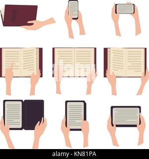 E-book, paperbook tablet and phone with text Stock Vector