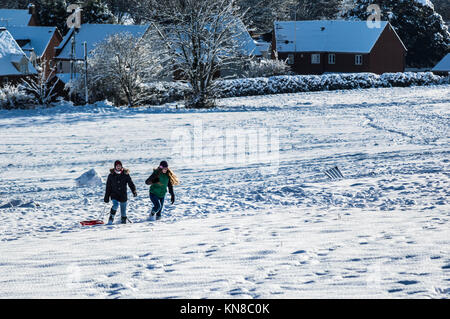 Leominster, UK. 11th December, 2017. After a day of snow children run up a hill with their toboggans in Leominster on December 11th 2017. Credit: Jim Wood/Alamy Live News Stock Photo