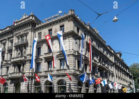 Paradeplatz, UBS, Credit Suisse,  Swiss flags,1. August, national holyday, Switzerland, Zurich, Stock Photo