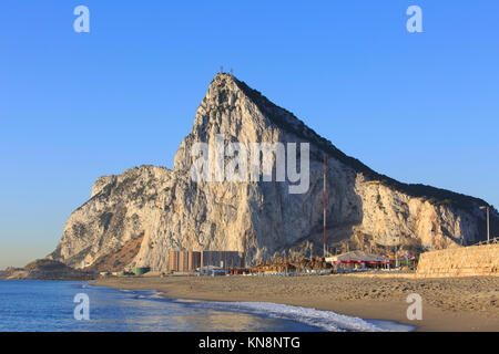 Panoramic view from Santa Barbara Beach in La Linea de la Conception, Spain at the Rock of Gibraltar Stock Photo