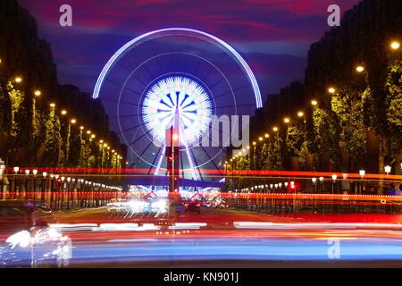 Champs Elysees in Paris and Concorde sunset at France.