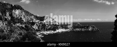 Amazing Black and White Panoramic Landscape of Praiano Beach, in Amalfi Coast - Italy Stock Photo