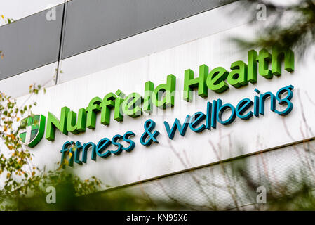 NORTHAMPTON, UK - 29 OCTOBER 2017: Day view shot of Nuffield Health Fitness Wellbeing logo in Sixfields Retail park. Stock Photo