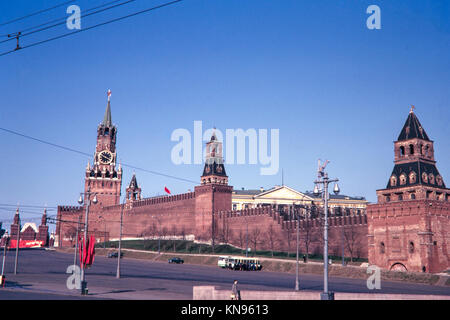 View of the Kremlin in Moscow, Russia,  with the Spasskaya tower taken in May 1969. Stock Photo