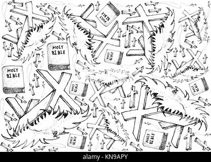 Christian Symbol, Background Illustration Hand Drawn Sketch of Manger with Bible and Wooden Cross Isolated on White Background, Sign for Christmas Cel Stock Vector