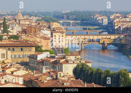 Panorama of Florence with the Ponte Vecchio bridge and river Arno, Tuscany, Italy, Europe.