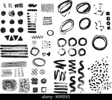 Hand-drawn brush raw textured shapes. Black ink random hand drawn scribbles set isolated on white background. Vector illustration. Stock Vector