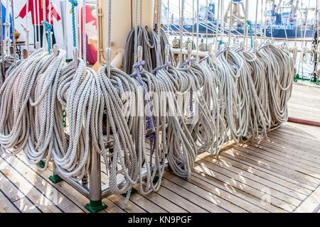 System of ropes, cables and chains, which support a sailing ship's mast ...