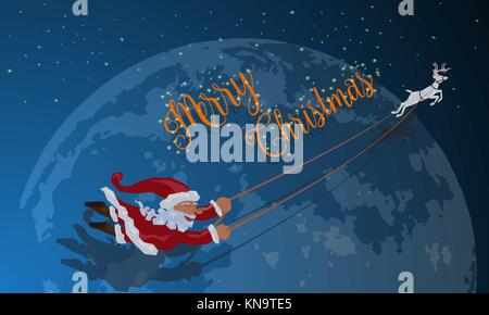 Santa without sleigh flying with deer in the winter night over over big blue moon with blinking star on blue sky background,happy christmas concept Stock Vector