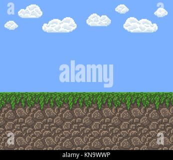 pixel art vector texture - bright day blue sky with clouds green grass land Stock Vector