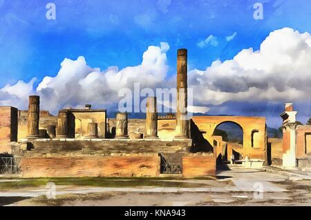 Colorful painting of Forum Pompeii Campania Italy.