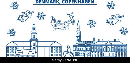 Denmark, Copenhagen winter city skyline. Merry Christmas, Happy New Year decorated banner with Santa Claus.Winter greeting line card.Flat, outline vector.Linear christmas snow illustration Stock Vector