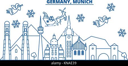 Germany, Munich winter city skyline. Merry Christmas, Happy New Year decorated banner with Santa Claus.Winter greeting line card.Flat, outline vector.Linear christmas snow illustration Stock Vector