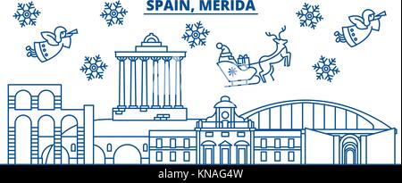 Spain, Merida winter city skyline. Merry Christmas, Happy New Year decorated banner with Santa Claus.Winter greeting line card.Flat, outline vector.Linear christmas snow illustration Stock Vector