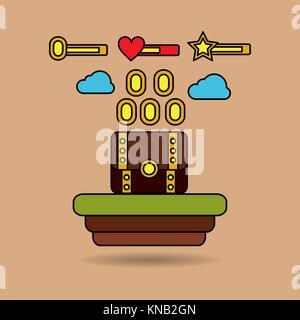 video game treasure chest coin money platform bars Stock Vector