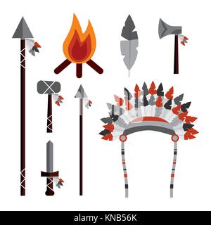 native american weapons tools icons set Stock Vector