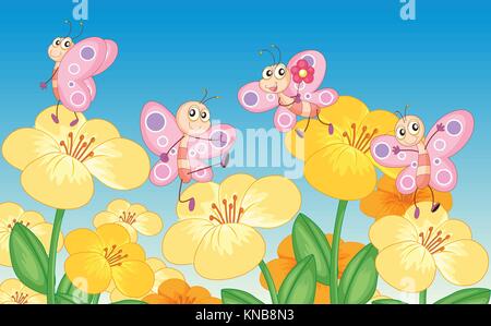 Illustration of butterflies next to flowers in the nature Stock Vector