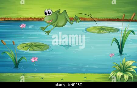 Illustration of a fron jumping from one water lily to another water lily Stock Vector