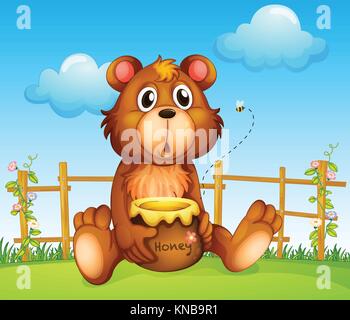 Illustration of a bear with honey pot and honey bee Stock Vector