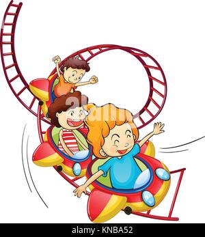 Illustration of three children riding in a roller coaster on a white background Stock Vector