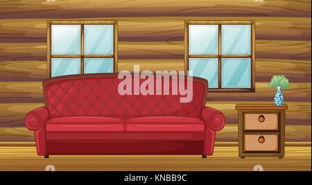 Illustration of red sofa and side table in wooden room Stock Vector