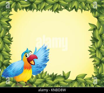 Illustration of a colorful parrot and the green leafy frame Stock Vector