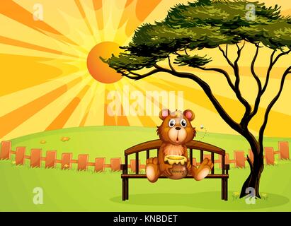Illustration of a bear with a pot of honey sitting at the bench Stock Vector
