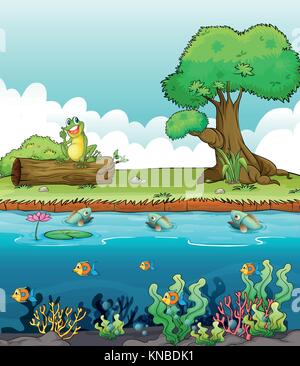 Illustration of a river and a smiling frog on a dry wood Stock Vector