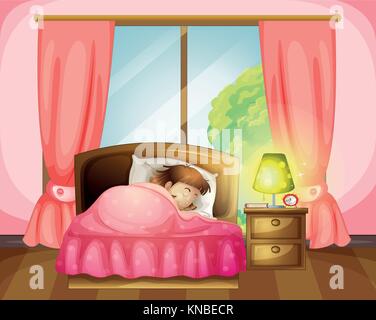 Illustration of a sleeping girl on a bed in a room Stock Vector