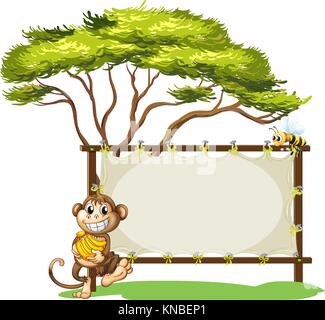 Illustration of a monkey with a banana near the empty signage on a white background Stock Vector