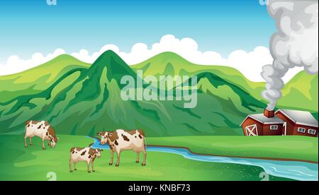 Illustration of a farm house and cows near the mountain Stock Vector