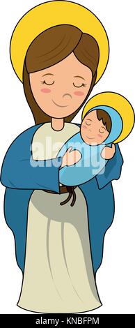 Virgin mary holding baby jesus cartoon Stock Vector