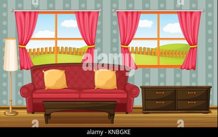 Illustration of a red sofa and side table in a room Stock Vector