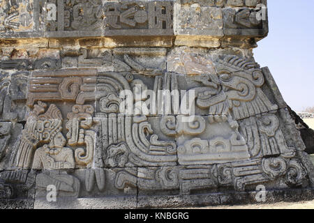 Bas-relief carving with of a american indian chieftain and god Quetzalcoatl, pre-Columbian Maya civilization, Temple of the Feathered Serpent in Xochi Stock Photo