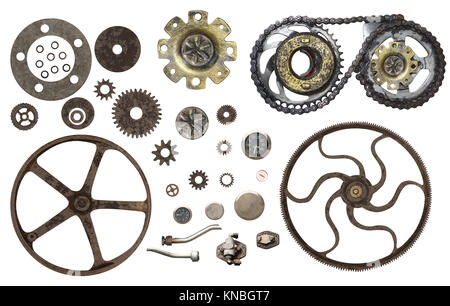 Collection of vintage machine gears. Set of retro gear wheels. Cogwheel isolated on white background. Can be used for steampunk and mechanical design Stock Photo