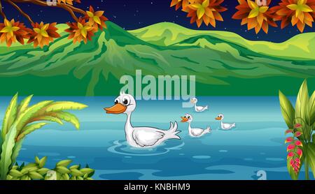 Illustration of a mother duck and her ducklings in the river Stock Vector