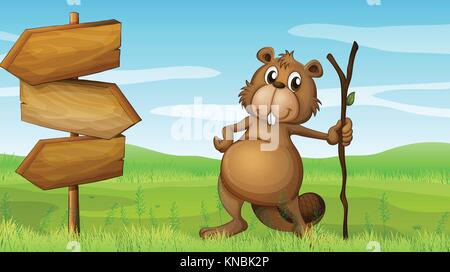 Illustration of a beaver beside the wooden signboard on a white ...
