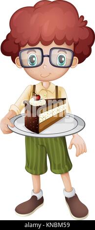 Illustration of a kid holding a slice of cake with cherry on white background Stock Vector