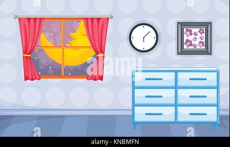 Illustration of room interior with open window in night Stock Vector