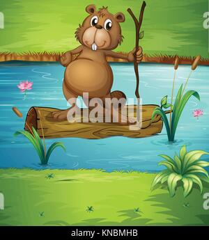 Illustration of a beaver holding a wood in the river Stock Vector