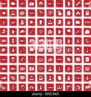 100 war icons set grunge red Stock Vector