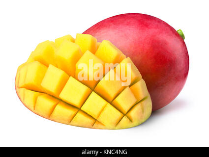 Mango with half sliced to cubes isolated Stock Photo