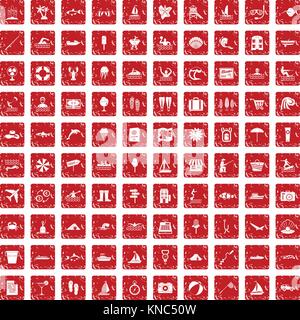 100 water recreation icons set grunge red Stock Vector