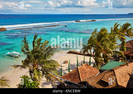 Aerial view of the Mendira Bay near Candidasa village. Manggis subdistrict, Karangasem regency, Bali, Indonesia. Stock Photo